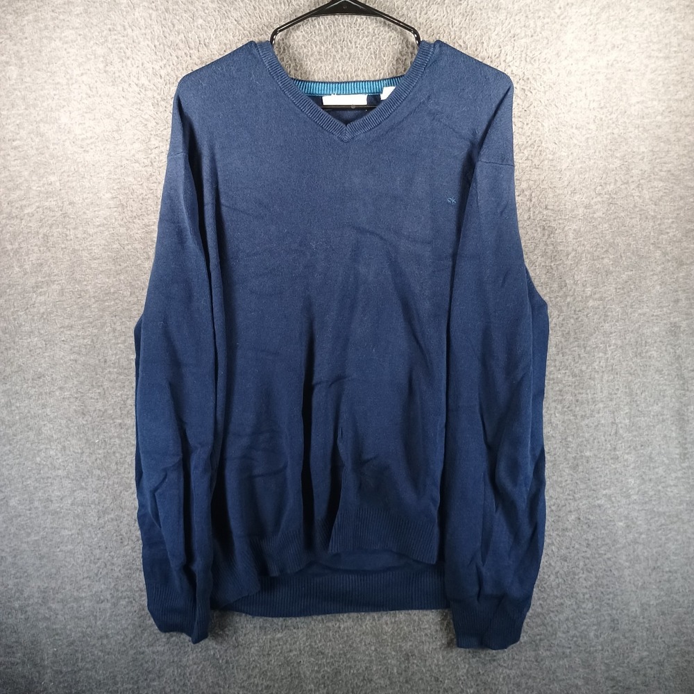 Calvin Klein V-Neck Pullover Sweater Mens XL Navy Blue Logo Long Sleeve Light